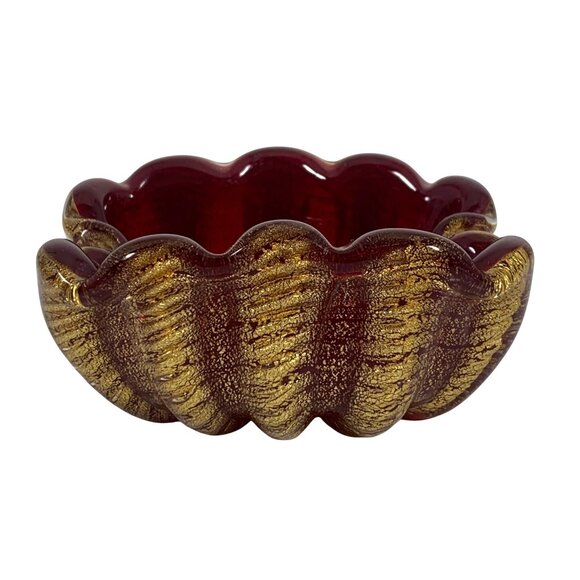 Vintage Deep Red Gold Flecks Inlay Art Glass Mid Century Bowl Trinket Dish - Picture 9 of 13